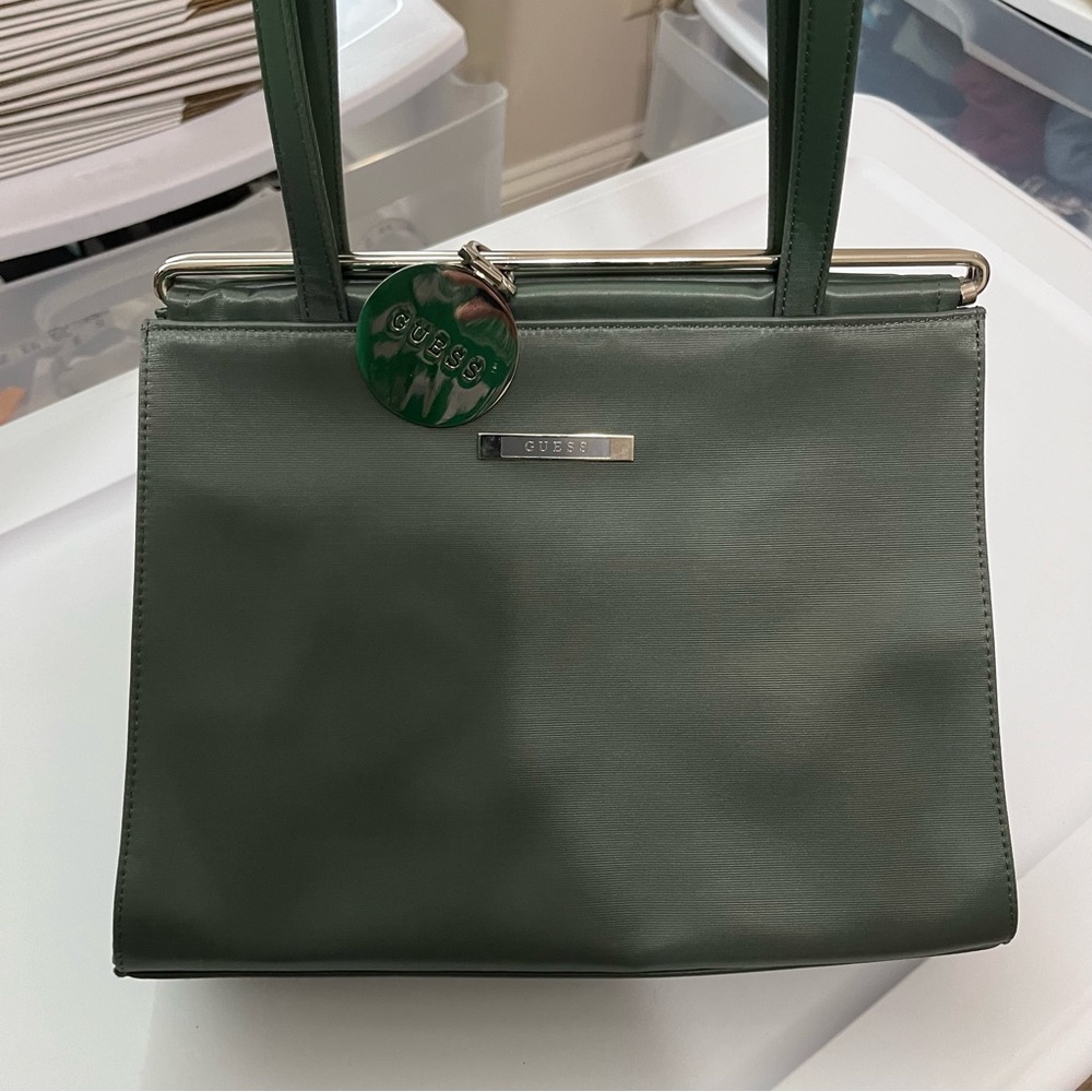 Green Guess Shoulder Bag With Unique Metal Closure